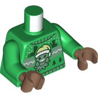 Lego Torso, Christmas Sweater with Mandrake with Santa Hat, Dark Green Trees print, Green Arms, Medium Brown Hands / Green