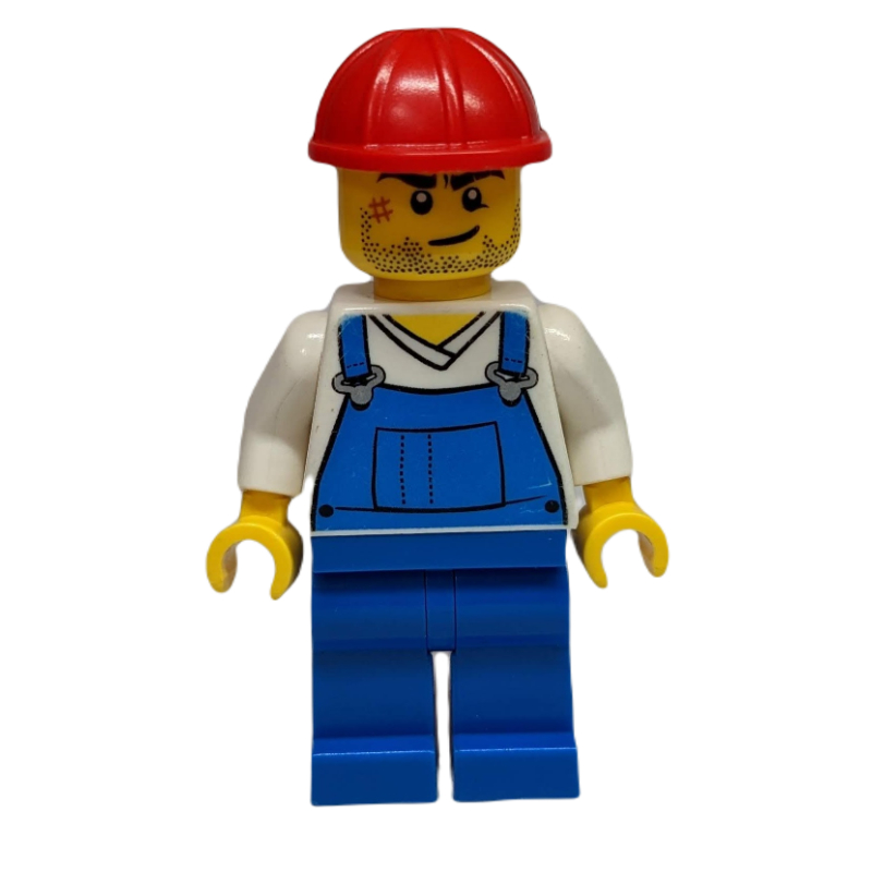 Lego Man, Blue Overalls over White V-Neck Shirt, Red Hard Hat, Stubble and Scar (3626b Head)