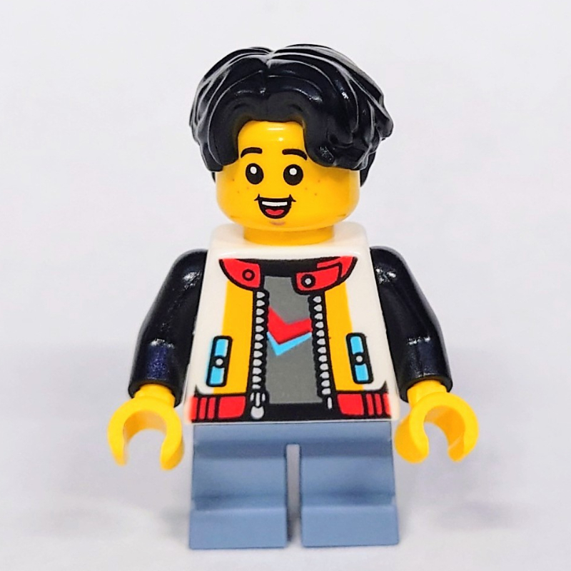 Lego Kid, White Torso, Sand Blue Legs, Black Hair