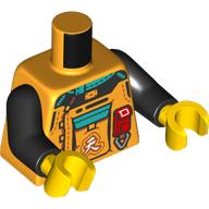 Lego Torso Jacket, White Asian Symbol, Red Pocket, Dark Turquoise Trim print, Black Arms, Yellow Hands / Bright Light Orange