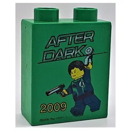 Duplo Brick 1 x 2 x 2 with Agents 'After Dark 2009 Legoland Windsor' Print / Green