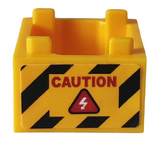 Lego Container, Box 2 x 2 x 1 - Top Opening with Flat Inner Bottom with Red 'CAUTION' and Danger Stripes Pattern on Both Sides (Stickers) - Set 76162