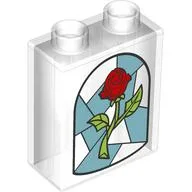 Duplo Brick 1 x 2 x 2 with Glass Stained Window, Rose Print / Trans-Clear