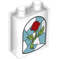 Lego Duplo Brick 1 x 2 x 2 with Glass Stained Window, Rose print / Trans-Clear