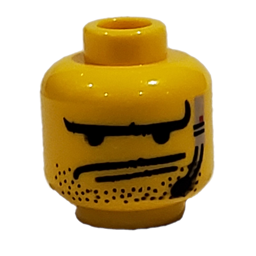 Lego Minifig Head Crunch, Long Eyebrows, 2 Lines Mouth, Stubble and Headset Print / Yellow