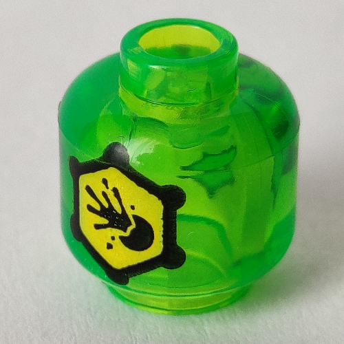 Lego Minifig Head (No Face), Black Hexagon with Yellow Background, Warning Symbol print / Trans-Bright Green