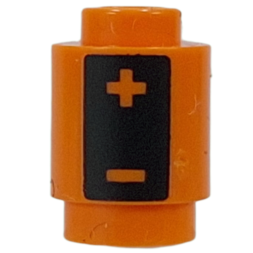 Lego Brick Round 1 x 1 Open Stud with Black Rectangle, +, - (Battery) print / Orange