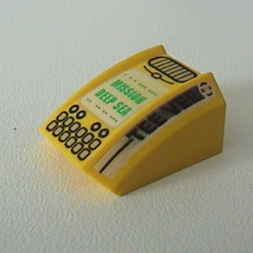 Lego Brick Curved 2 x 2 with Lip, No Studs with Mission Deep Sea 'TEE VEE' Print / Yellow