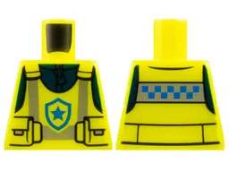Torso Police Safety Vest with Pouches, Silver Reflective Stripes, and Blue Star Badge Logo over Dark Blue Jacket with Zipper Pattern / Vibrant Yellow