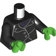 Lego Torso, Jacket, Silver Trim, Dark Purple Shirt print, Black Arms, Bright Green Hands / Black