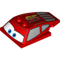 Lego Brick Wedged, Curved 6 x 4 x 1 1/3 with 4 x 4 Base with Blue Eyes, Windows and '95' Print (Lightning McQueen) / Red