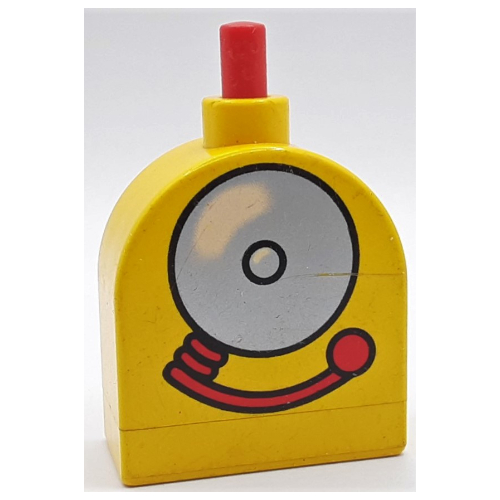 Lego Duplo Brick with Working Ringer Button on Curved Top, Silver Alarm Bell Print / Yellow
