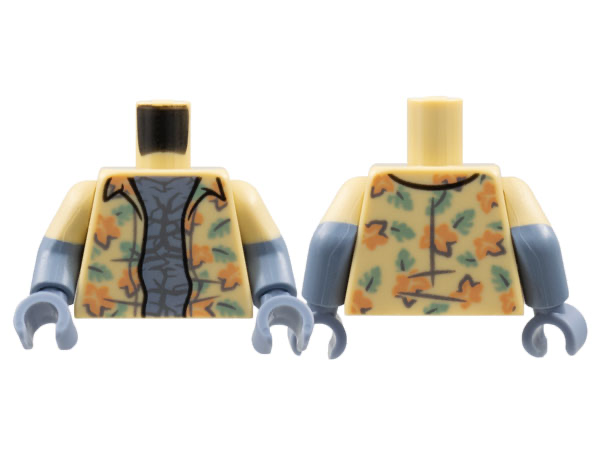Lego Torso Hawaiian Shirt, Nougat Flowers, Sand Green Leaves, Sand Blue Chest Pattern / Sand Blue Arms with Molded Tan Short Sleeves Pattern / Sand Blue Hands