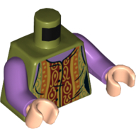 Lego Torso Vest with Dark Red, Dark Orange, and Gold Decorations, over Medium Lavender Undershirt Print, Medium Lavender Arms, Light Nougat Hands / Olive Green