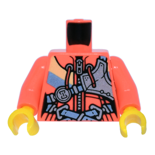 Lego Torso, Bright Light Blue/Bright Light Orange Jacket, Bright Light Blue Straps, Silver Hour Glass print, Coral Arms, Yellow Hands / Coral