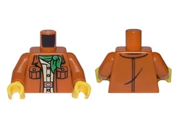 Torso Jacket Open with Pockets over Tan Safari Shirt with Buttons, Copper Belt Buckle, Green Neckerchief Scarf Pattern / Dark Orange Arms / Yellow Hands