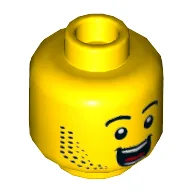 Minifig Head Dynamo Doug, Beard Stubble, Raised Eyebrows, Large Open Mouth Smile Print / Yellow