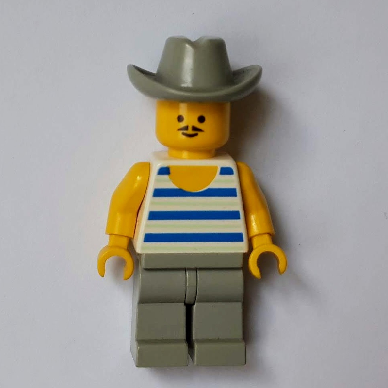 Lego Man, Blue and White Striped Tank Top, Light Gray Cowboy Hat, Moustache