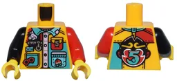 Torso Shirt with Collar, Buttons, Pockets, Red Glasses, Zipper, and Monkie Kid Logo with Number 5 Pattern / Red Arm Left / Black Arm Right / Yellow Hands