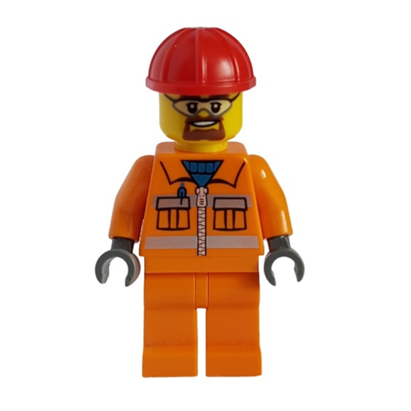 Lego Construction Worker, Orange Jacket with Zipper and Reflective Stripes, Orange Legs, Red Hard Hat, Goatee Beard and Goggles