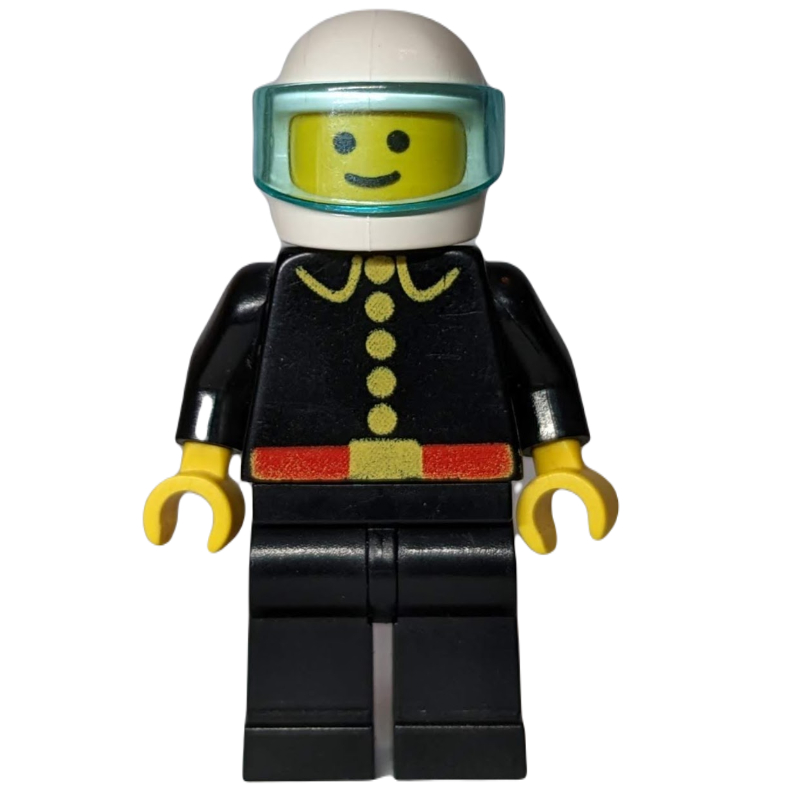 Lego Fireman, Classic, Black Fire Jacket with Red Belt and Buttons, White Helmet with Visor