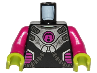 Lego Torso Alien Silver Armor Breastplate with Dark Silver Hoses, Magenta Circle Logo and Side Panels, Lime Neck Pattern / Magenta Arms / Lime Hands