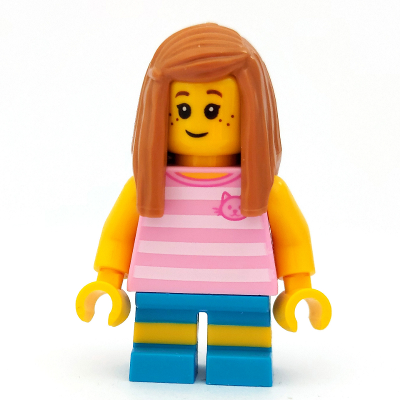 Lego Girl, Bright Pink Striped Top with Cat Head, Dark Azure Shorts, Medium Nougat Hair