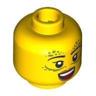 Lego Minifig Head Gith Warlock, Gold Decorations, Thin Black Eyebrows, Peach Lips, Open Mouth Smile/Angry, Stern / Yellow