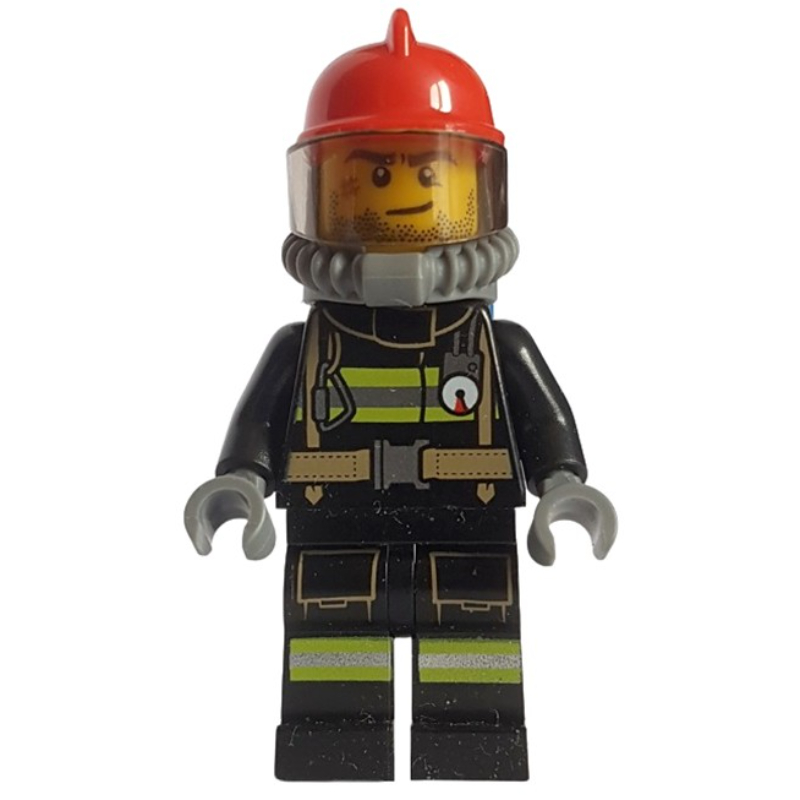 Lego Fireman, Black Fire Suit with Gauge and Straps, Red Helmet, Breathing Apparatus, Airtanks, Stubble and Scar
