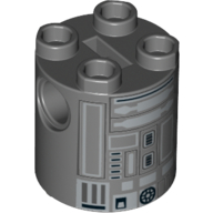 Lego Brick Round 2 x 2 x 2 Robot Body, Axle Holder '+' Orientation with Silver Astromech Droid Print (R3-S1) / Dark Bluish Gray