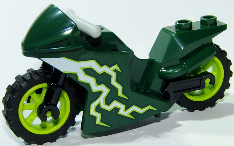 Lego Motorcycle Sport Bike with Black Frame, Lime Wheels and Light Bluish Gray Handlebars with White Lightning Pattern