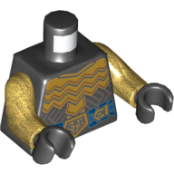 Lego Torso Armor, Gold with Blue Jeweled Belt Print, Pearl Gold Arms, Black Hands / Black