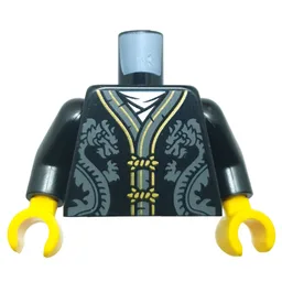 Torso, Robe, Dark Bluish Grey/Gold Trim, Dark Bluish Grey Dragons on Front, Gold Dragon on Back Print, Black Arms, Yellow Hands / Black