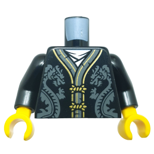 Lego Torso, Robe, Dark Bluish Grey/Gold Trim, Dark Bluish Grey Dragons on Front, Gold Dragon on Back print, Black Arms, Yellow Hands / Black