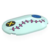 Lego Brick Round, Curved 4 x 6 x 2/3 with Doll Face, Black and Blue Buttons for Eyes, Coral Stitches for Mouth print