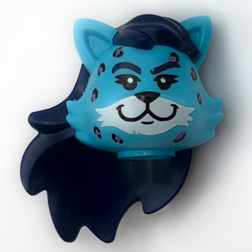 Lego Minifig Head Special, Leopard Guitarist, Cat with Dark Blue Hair, Leopard Spots, White Face print / Medium Azure