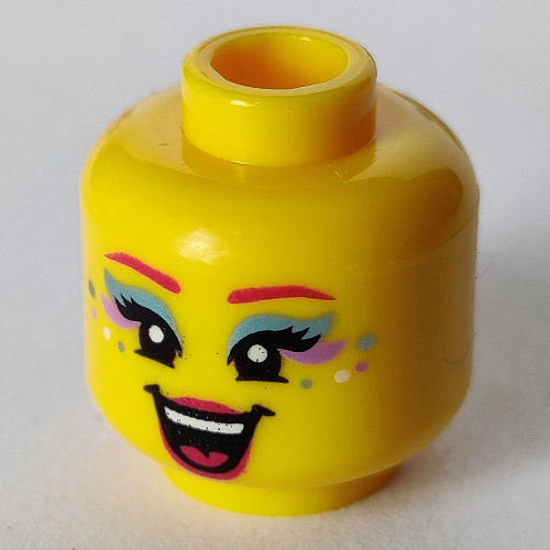 Lego Minifig Head Fairy Singer, Open Mouth Singing, Red Lips, Metallic Blue Eye Shadow print / Yellow