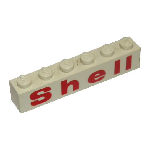 Lego Brick 1 x 6 with Bottom Tubes and 2 Lowered Cross Supports with 'Shell' Rounded 'e', Red Print / White