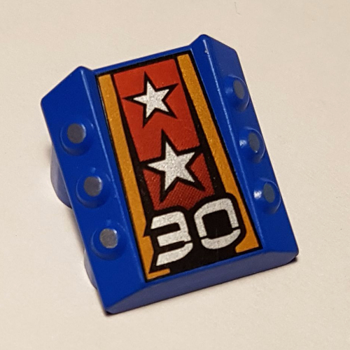 Lego Brick Sloped 2 x 2 No Studs, with 3 Side Pistons Raised Edges and '30', Silver Stars Print / Blue