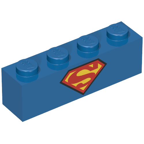 Lego Brick 1 x 4 with Red and Yellow Superman 'S' Logo Print / Blue