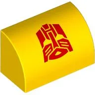 Brick Curved 1 x 2 x 1 No Studs with Red Autotron Print / Yellow