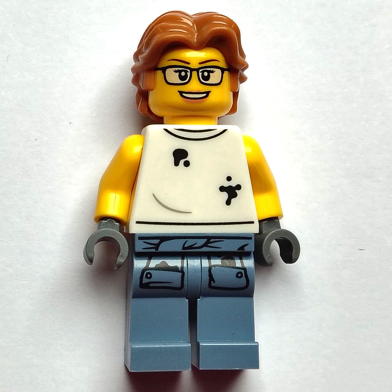 Lego Scrapyard Worker, White Shirt, Sand Blue Legs, Medium Nougat Hair