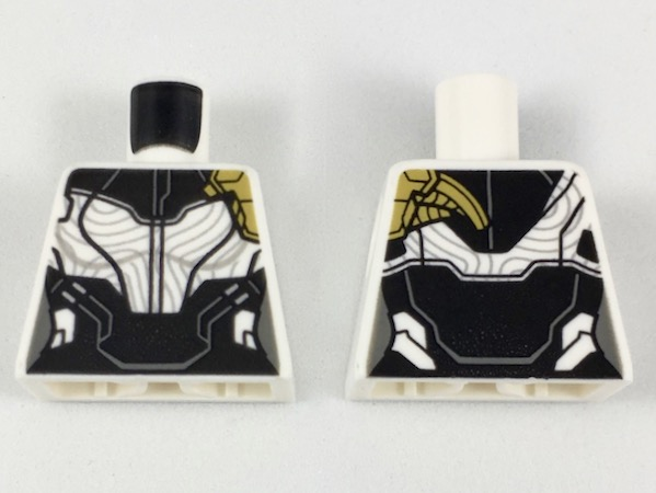 Lego Torso Female Armor, Black Collar and Midriff, Silver Contours, Pearl Gold Left Shoulder Pattern