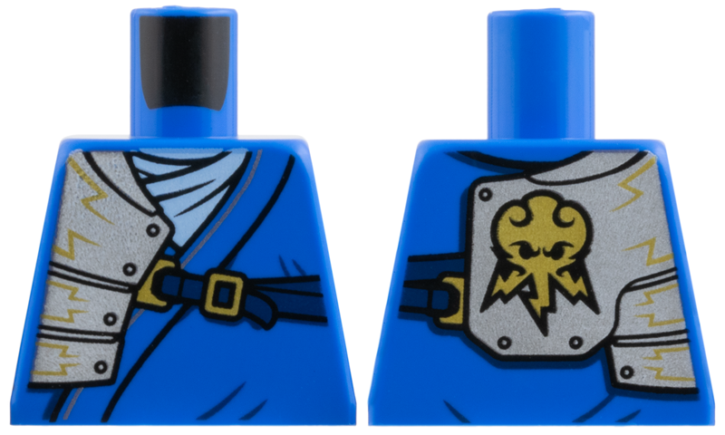 Lego Torso Tunic, Bright Light Blue Scarf, Silver Right Armor with Gold Lightning, Dark Blue Strap Pattern
