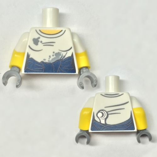 Lego Torso, Dual Molded Arms, Shirt with Gray Splotches, Dark Blue Top Tied Around Waist / Wrench on Back Print, White Sleeves Pattern, Yellow Arms, Dark Bluish Gray Hands / White