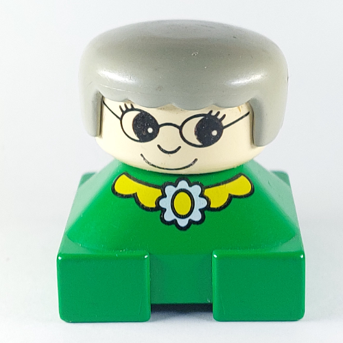 Lego Duplo 2 x 2 x 2 Figure Brick, Rounded Bangs, White Head, Light Gray Hair, Yellow Collar and Flower Print / Green