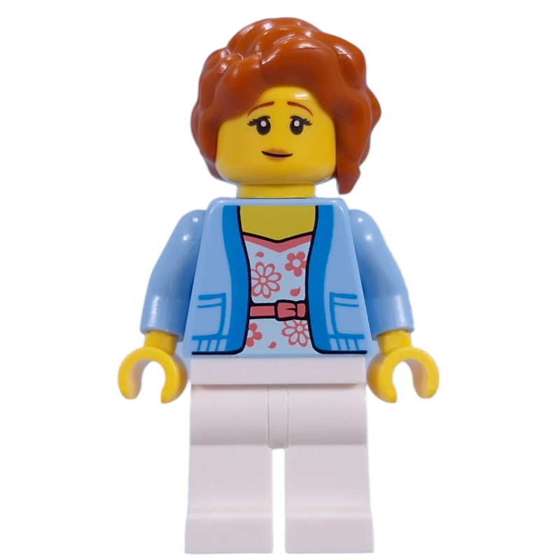 Lego Visitor, Bright Light Blue Torso, White Legs, Dark Orange Hair
