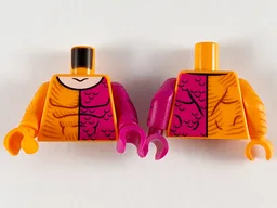 Torso Super Hero Muscles Outline, Magenta Left Side with Scales, Light Nougat Neck Pattern / Magenta Arm Left with Black Scales Pattern / Orange Arm Right with Brown Stripes Pattern / Magenta Hand Left / Orange Hand Right