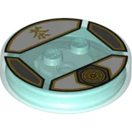 Function Brick Round 4 x 4 x 2/3 with 2 Studs and Gold Sensei Wu Symbol and Asian Character Print / Trans-Light Blue