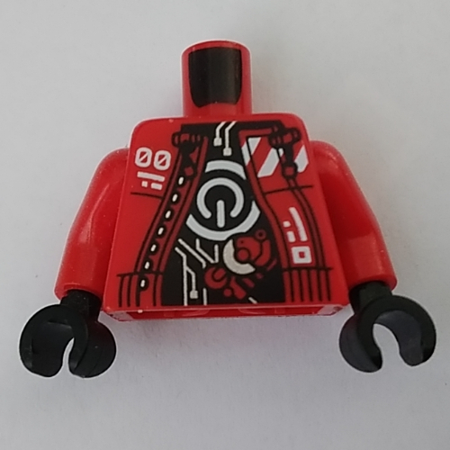 Lego Torso, Jacket, White Decoration, On/Off Button on Chest, Silver Circuitry on Black Shirt print, Red Arms, Black Hands / Red